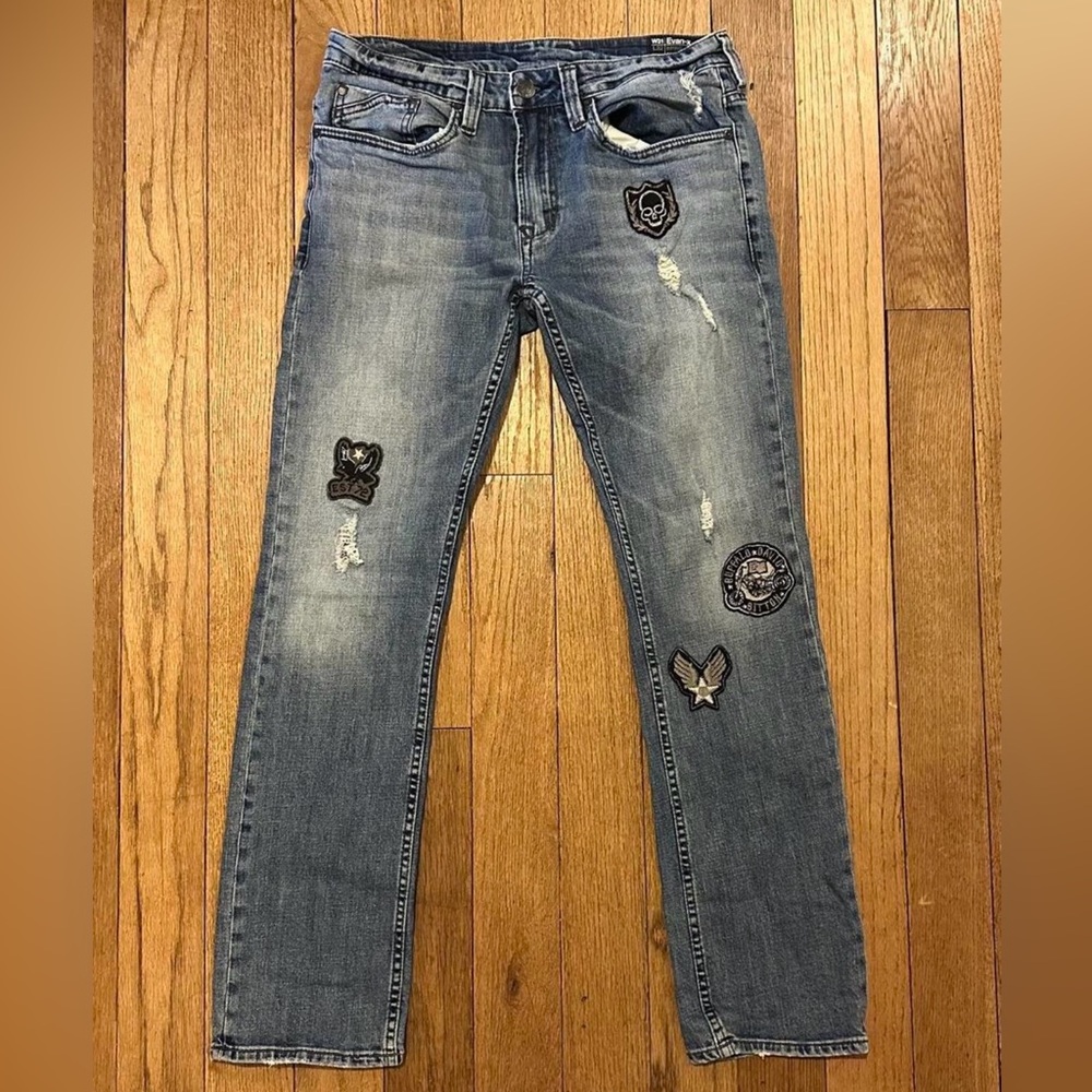 Buffalo David Bitton Men's Light Blue Slim Distressed Jeans with Patch Details